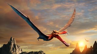 An artist's rendition of an anhanguerian pterosaur. This group of crested and toothed flying reptiles includes the new species Thapunngaka shawi.