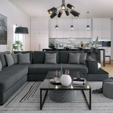 All grey living room colour scheme with sofa, sofa cushions, coffee table