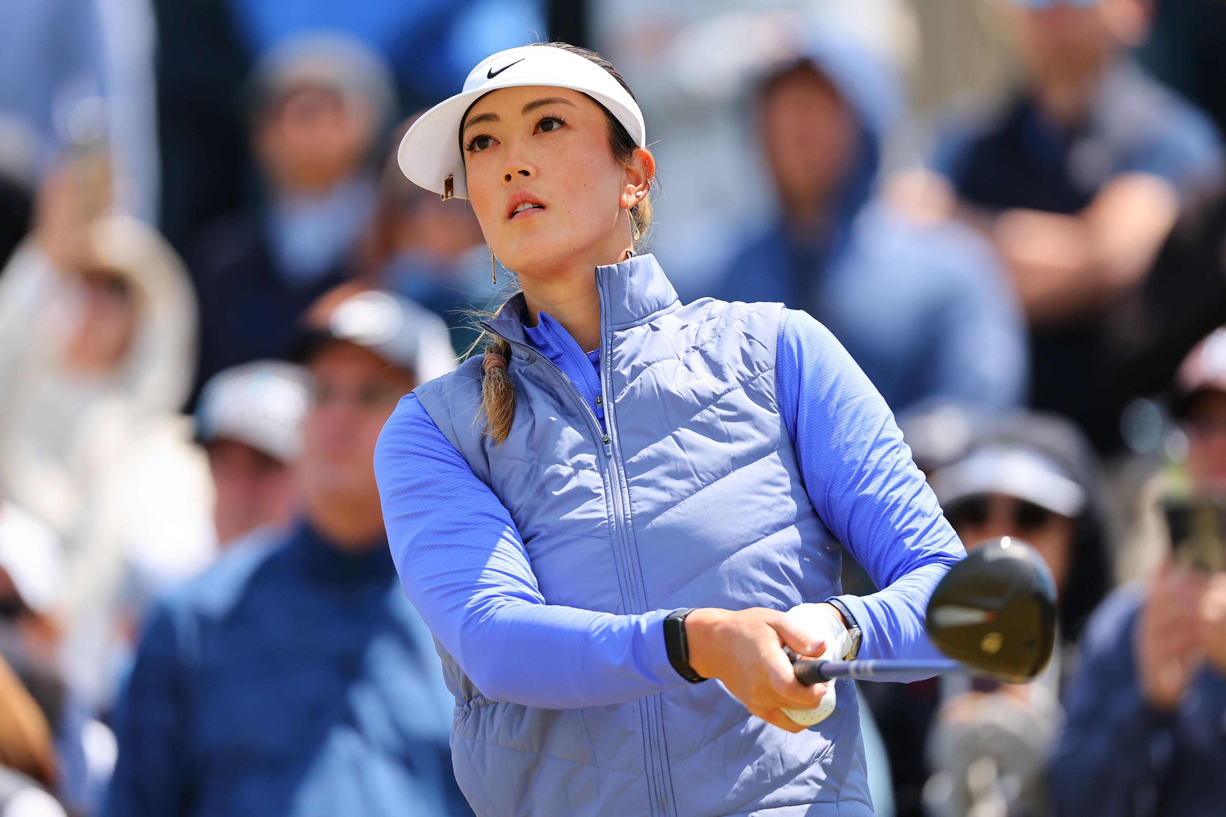 Michelle Wie West tees off at the Tenth tee during the second round of the Mizuho Americas Open on May 7, 2026 at Mountain Ridge Country Club