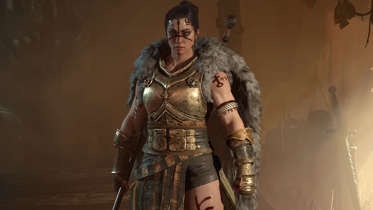 A female Barbarian wearing transmog armour. 