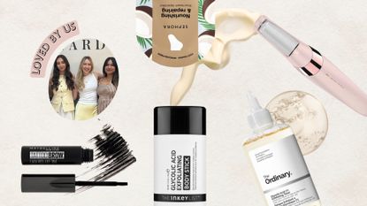 A collage featuring some of the beauty team's 'unsexy' product go-tos from Maybelline, The Inkey List, The Ordinary, Sephora and Flawless, alongside a picture of the team and the words 'Loved by us' on a cream background with product swatches.
