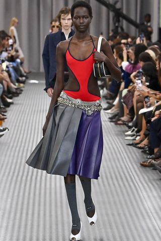 A model walks the runway during the Miu Miu Ready to Wear Spring/Summer 2025 fashion show as part of the Paris Fashion Week