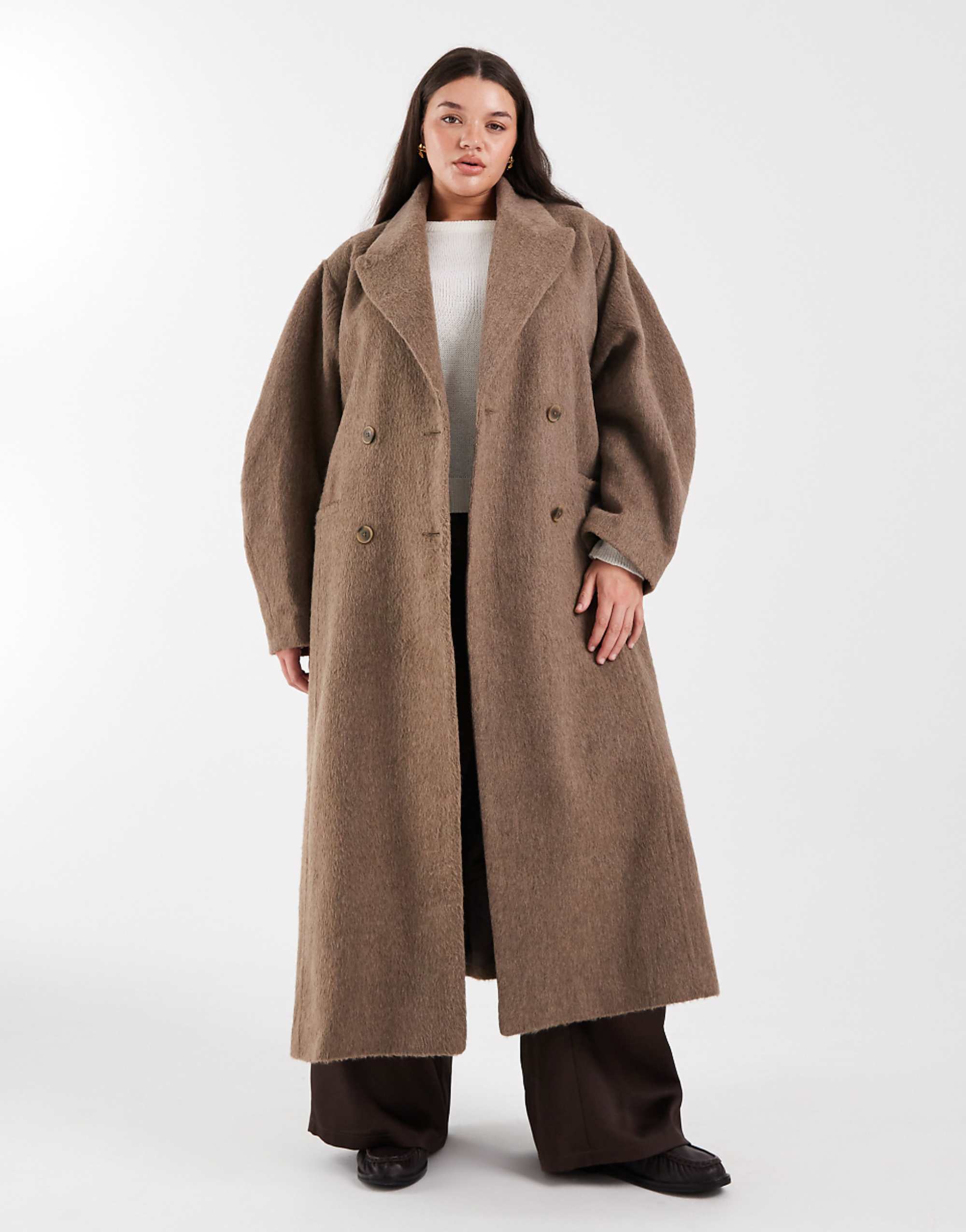 Asos Design Curve Brushed Coat With Dome Sleeve and Skinny Belt in Mushroom