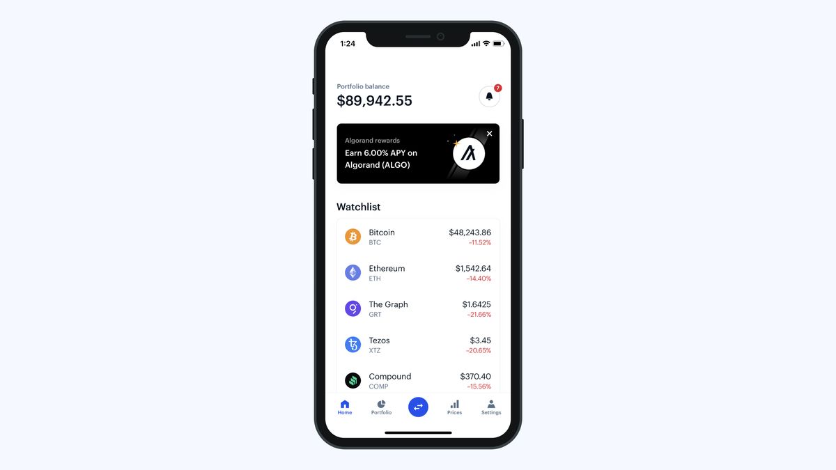 Coinbase home screen seen on iOS