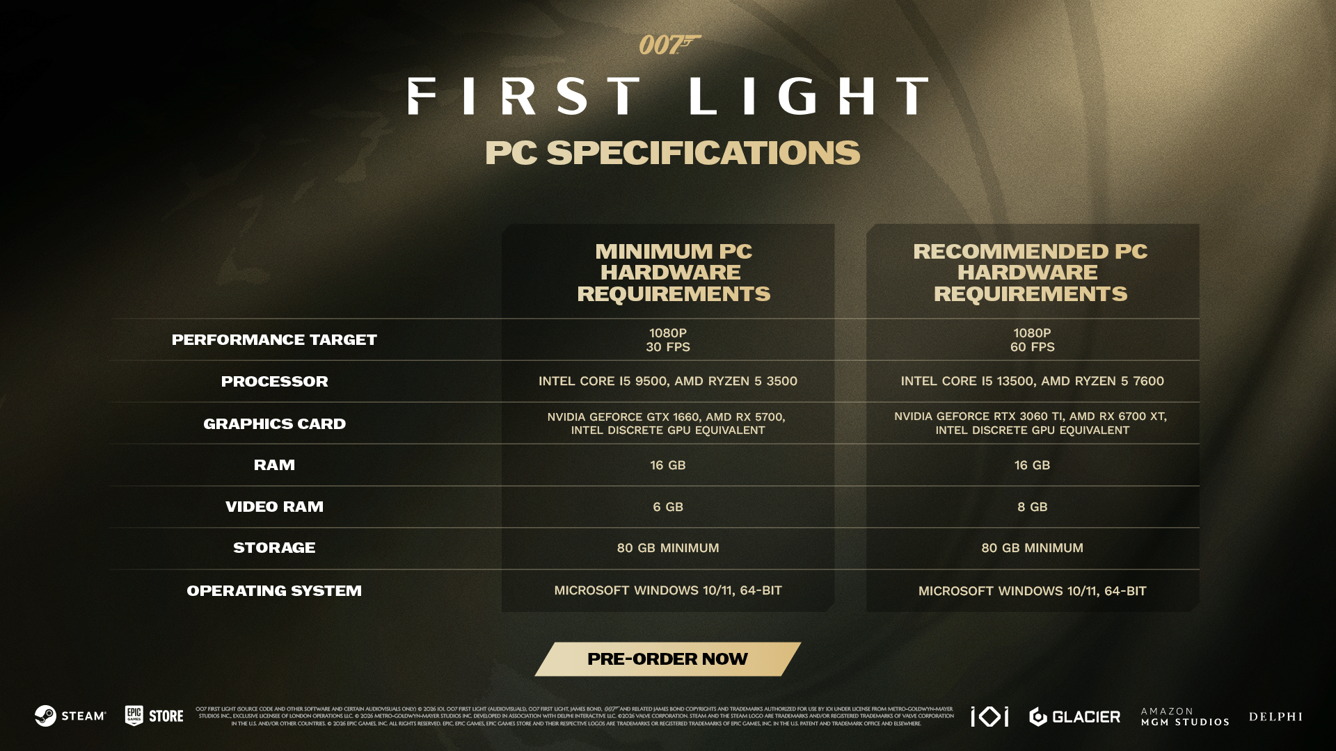A presentation slide showing the amended PC system requirements, as published 15 January 2026, for 007 First Light