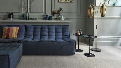 Living room with navy velvet sofa, a standing lamp and carpet