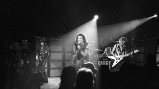 Quiet Riot perform onstage on November 1983 in Los Angeles, California. (L-R) Rudy Sarzo, Kevin DuBrow, Frankie Banali, Carlos Cavazo.