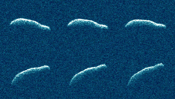 A collage of six planetary radar observations of the asteroid 2011 AG5 captured a day after the asteroid made its close approach to Earth on Feb. 3.