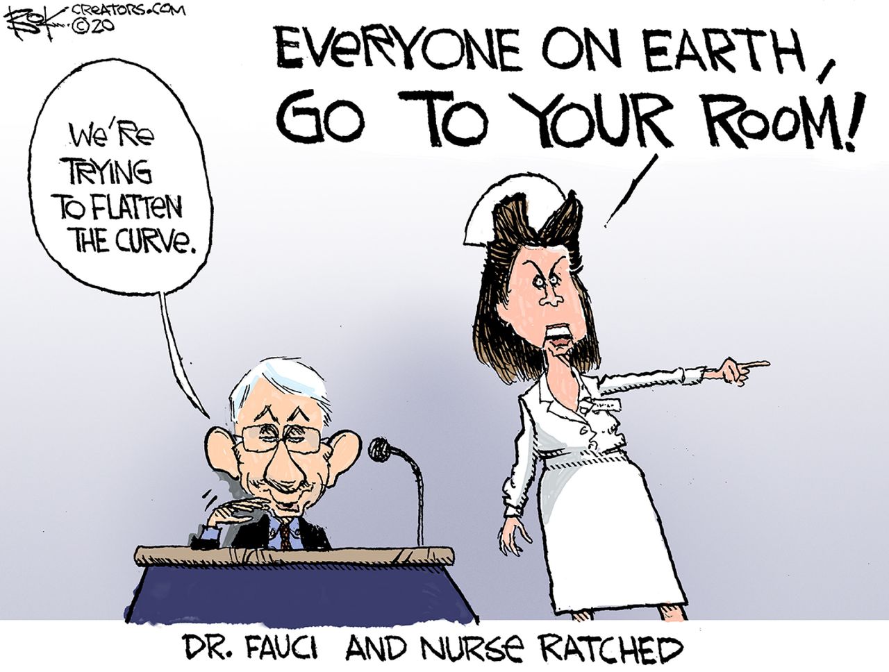 Editorial Cartoon U.S. Coronavirus Dr. Anthony Fauci CDC Nurse Ratched quarantine demands slow the curve