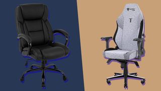 An office chair opposite a gaming chair on a blue and tan background