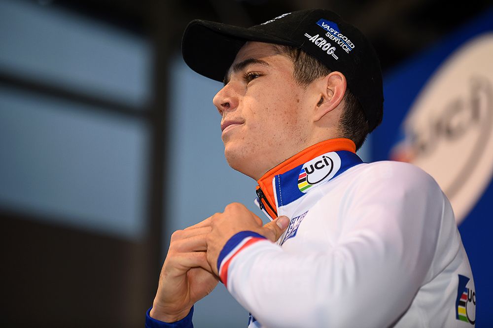 Wout van Aert in the World Cup leader's jersey.