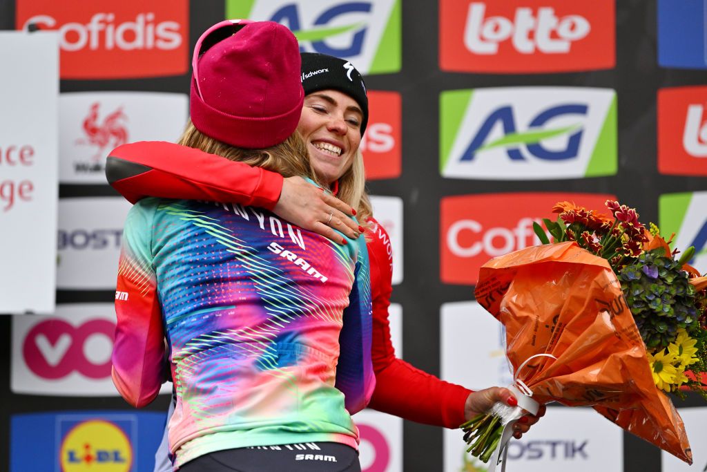 HUY BELGIUM APRIL 17 LR Race winner Katarzyna Niewiadoma of Poland and Team CanyonSRAM Racing and Demi Vollering of The Netherlands and Team SD Worx Protime on second place pose on the podium ceremony after the 27th La Fleche Wallonne Feminine 2024 a 146km one day race from Huy to Huy UCIWWT on April 17 2024 in Huy Belgium Photo by Luc ClaessenGetty Images