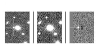 At left, the recently taken image featuring a newly appeared dot of light; in the middle, the old reference image taken a few years ago; at right, the difference between the two images revealing the new supernova.