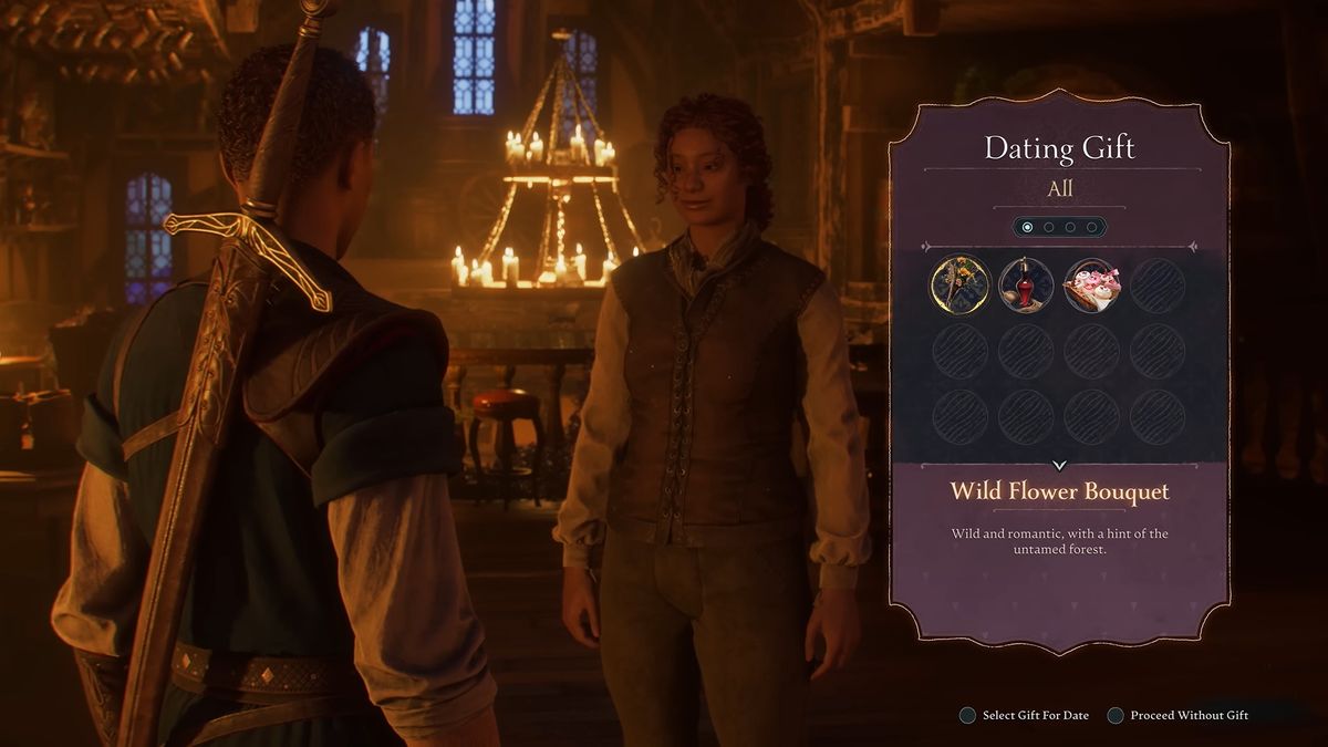 Fable screenshot showing the player character inviting someone out on a date, and dating gifts are shown in a pop-up menu