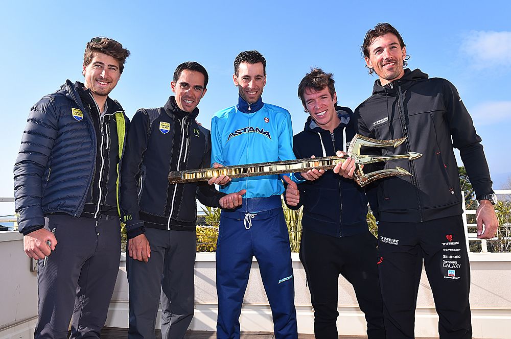 The top riders of Tirreno-Adriatico gather around the trident