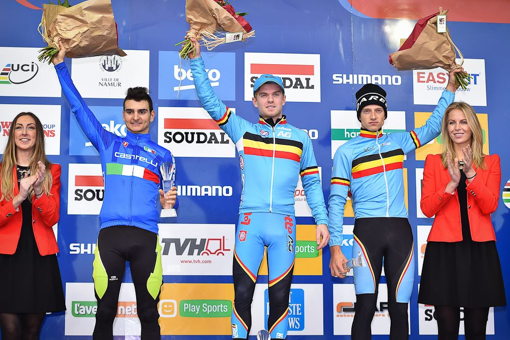 Russo Clement, Eli Iserbyt and Quinten Hermans celebrate on the podium of the U23 race in Namur.