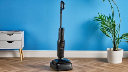 Roborock F25 ACE Pro photographed in front of a blue background with a plant and table 