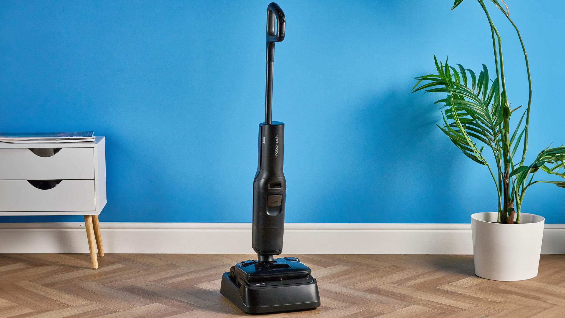 Roborock F25 ACE Pro photographed in front of a blue background with a plant and table 
