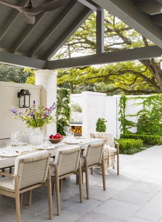 Outdoor dining space with wall lights