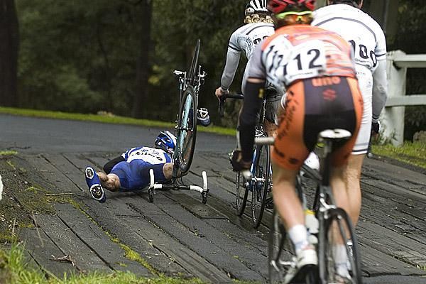 Eric Sheppard (Jayco/VIS) crashed on one of the trecherous bridges during stage two.