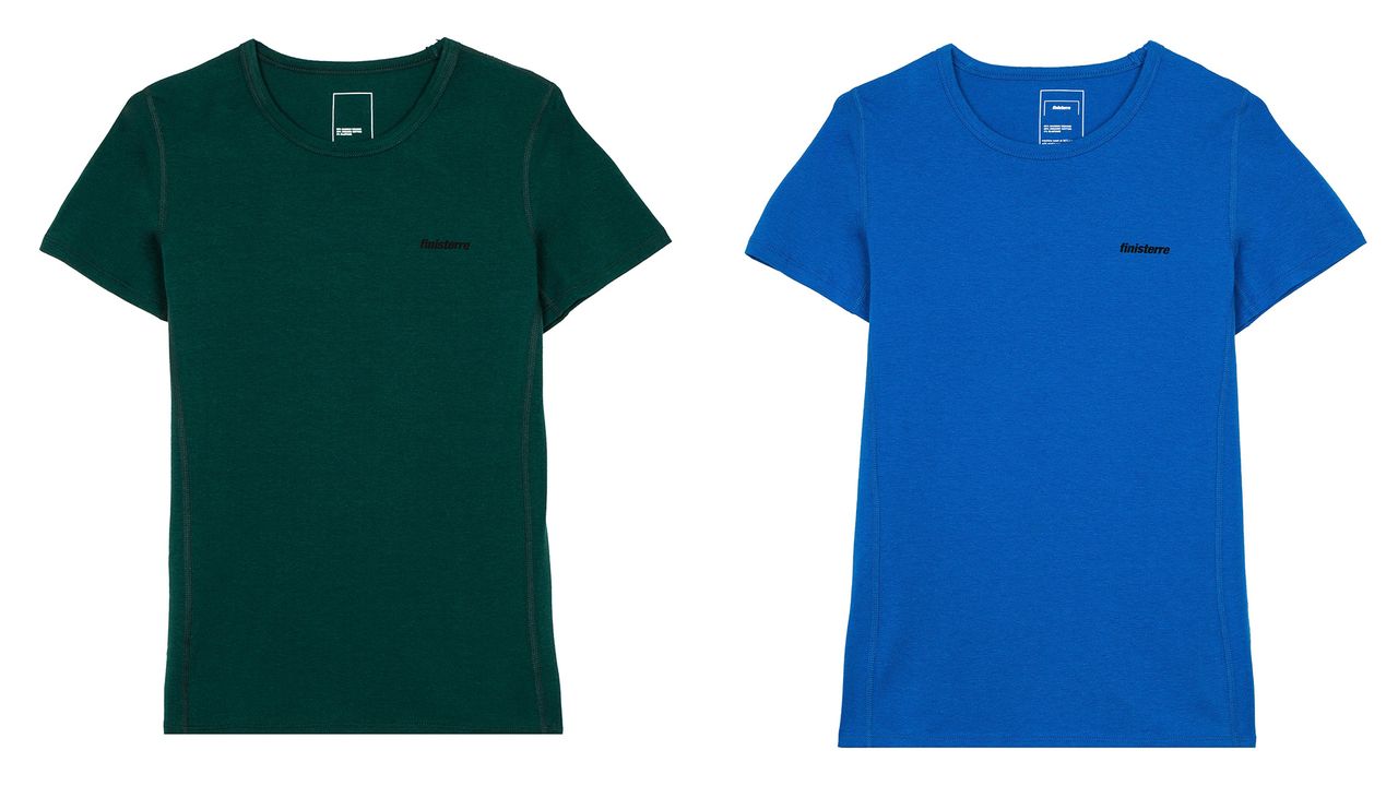 Finisterre Vela Bamboo base layer, green and blue colourways, on white background