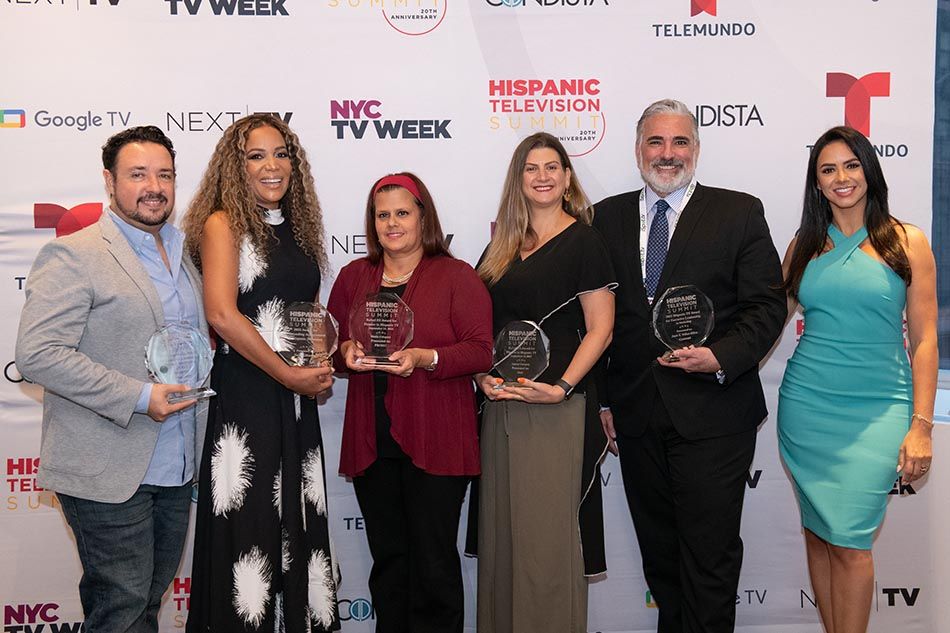 The Hispanic Television Award recipients for 2022 (from l.): Juanjo Duran, Google; Sunny Hostin of ABC&rsquo;s &lsquo;The View;&rsquo; Maribel Ramos-Weiner, Prod&uacute;; Marina Filippelli, Orci; Jos&eacute; E. V&eacute;lez-Silva, Comcast; and awards host Ana Jurka.