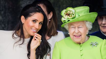 WIDNESS, ENGLAND - JUNE 14: Meghan, Duchess of Sussex and Queen Elizabeth II open the new Mersey Gateway Bridge on June 14, 2018 in Widness, England. (Photo by Samir Hussein/Samir Hussein/WireImage)