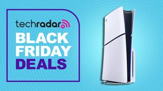 A PS5 on a blue background with large black friday deals text