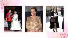 A selection of images of memorable Kate Middleton moments, on a pale pink background with pink floral graphics.