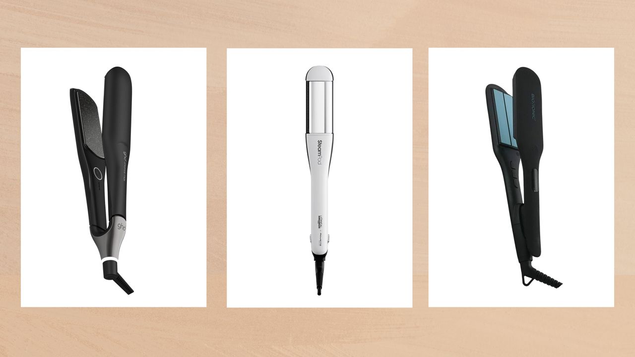 Collage of three of the best straighteners for thick hair from (left to right) ghd, L&#039;Oreal Professionnel and Bio Ionic, in vertical white rectangular boxes set against a pale ochre watercolour background