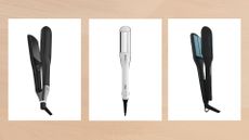 Collage of three of the best straighteners for thick hair from (left to right) ghd, L'Oreal Professionnel and Bio Ionic, in vertical white rectangular boxes set against a pale ochre watercolour background