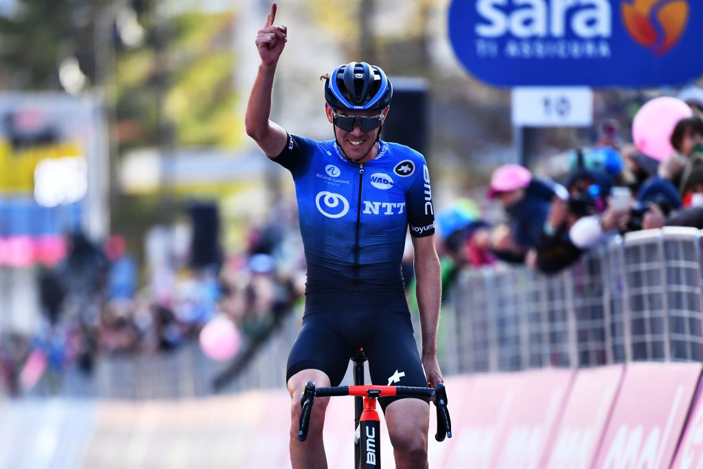MADONNA DI CAMPIGLIO ITALY OCTOBER 21 Arrival Ben Oconnor of Australia and NTT Pro Cycling Team Celebration during the 103rd Giro dItalia 2020 Stage 17 a 203km stage from Bassano del Grappa to Madonna di Campiglio 1514m girodiitalia Giro on October 21 2020 in Madonna di Campiglio Italy Photo by Stuart FranklinGetty Images