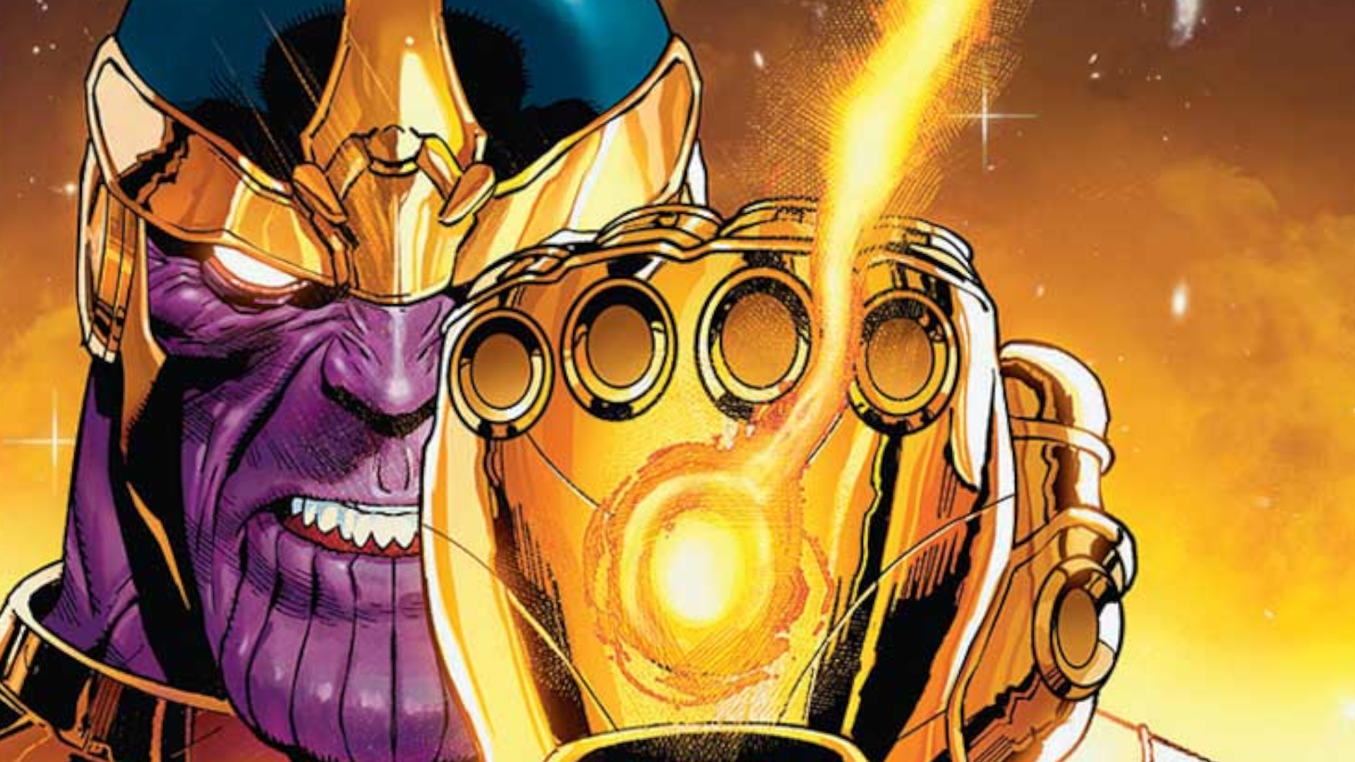 Marvel's Thanos glowers from behind the Infinity Gauntlet