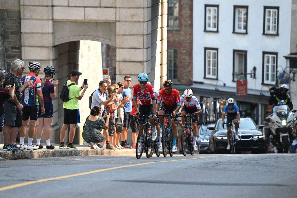 QUEBEC CITY QUEBEC SEPTEMBER 09 LR Sbastien Grignard of Belgium and Team Lotto Soudal Damiano Caruso of Italy and Team Bahrain Victorious and Hugo Toumire of France and Team Cofidis compete in the breakaway during the 11th Grand Prix Cycliste de Qubec 2022 a 2016km one day race from Quebec to Quebec GPCQM on September 09 2022 in Quebec City Quebec Photo by Dario BelingheriGetty Images