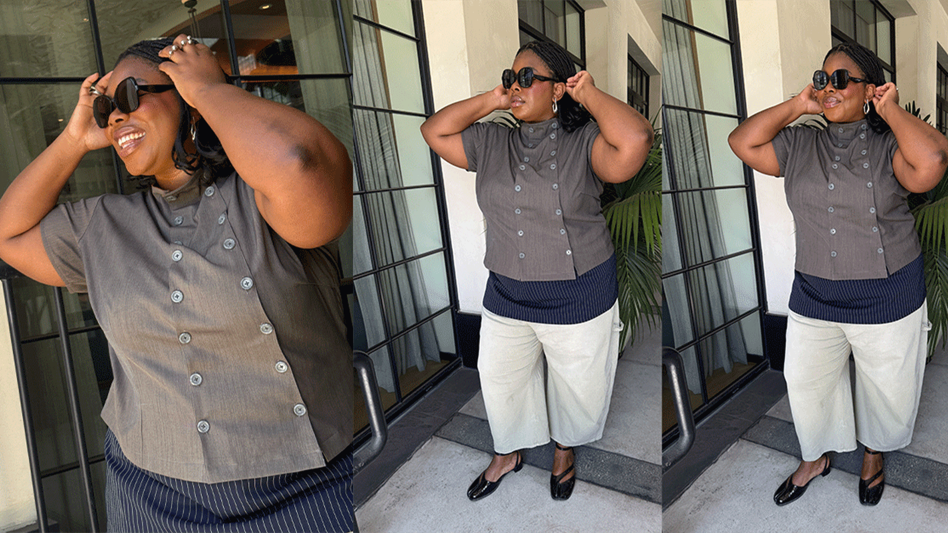 Chichi wears gray double breasted button up short sleeve shirt, green khaki barrel-leg pants, a pinstripe mini skirt, and black patent split toe tabi shoes.