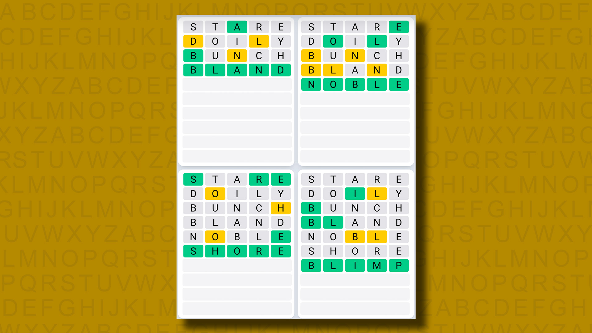 Quordle Daily Sequence solutions for game 989 on a yellow background