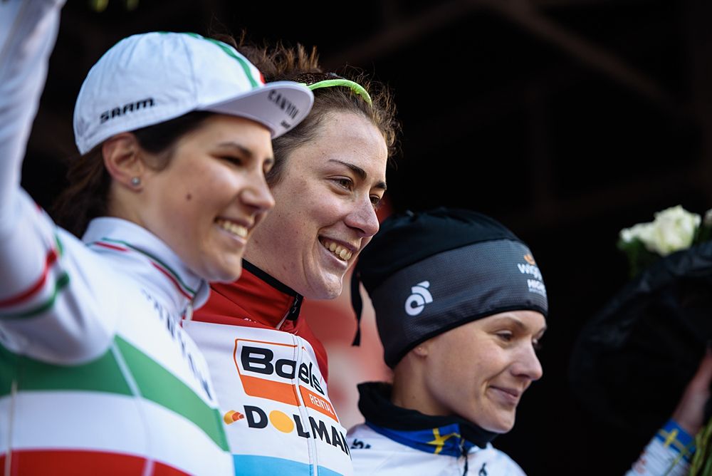 Race winner Christine Majerus on the top step of the podium at Dwars door de Westhoek 2016