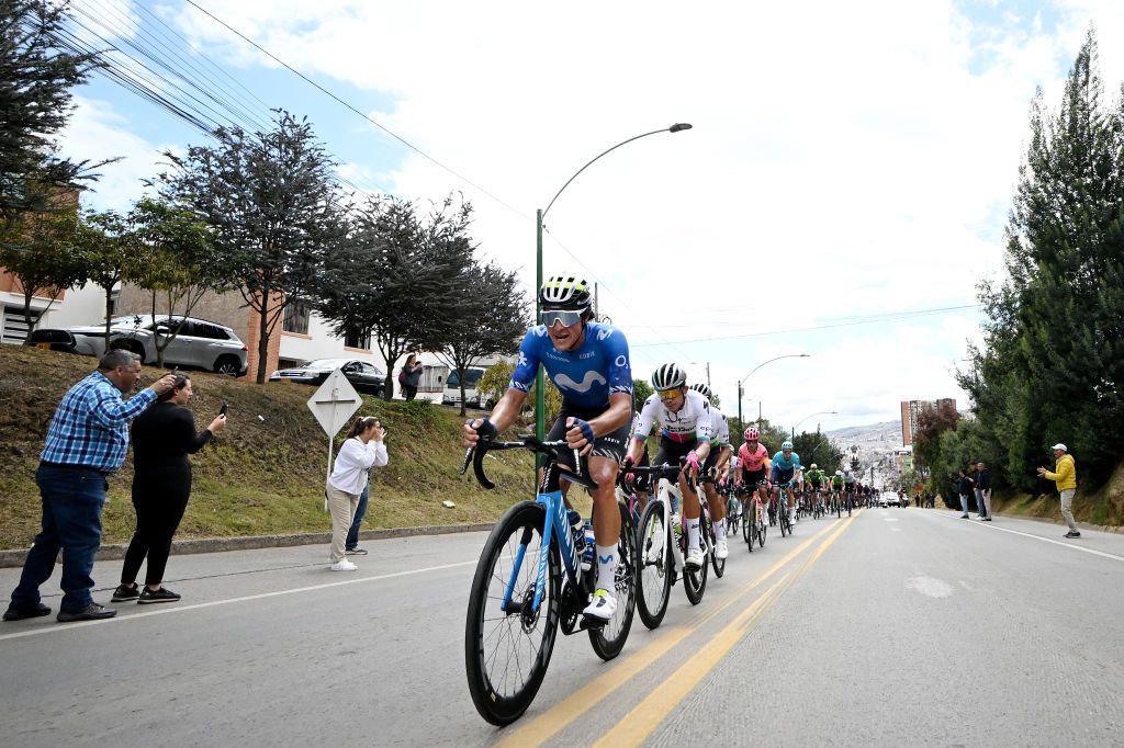 SANTA ROSA DE VITERBO COLOMBIA FEBRUARY 07 Vinicius Rangel of Brasil and Movistar Team leads the peloton during the 4th Tour Colombia 2024 Stage 2 a 1686km stage from Paipa to Santa Rosa de Viterbo 2751m on February 07 2024 in Santa Rosa de Viterbo Colombia Photo by Maximiliano BlancoGetty Images
