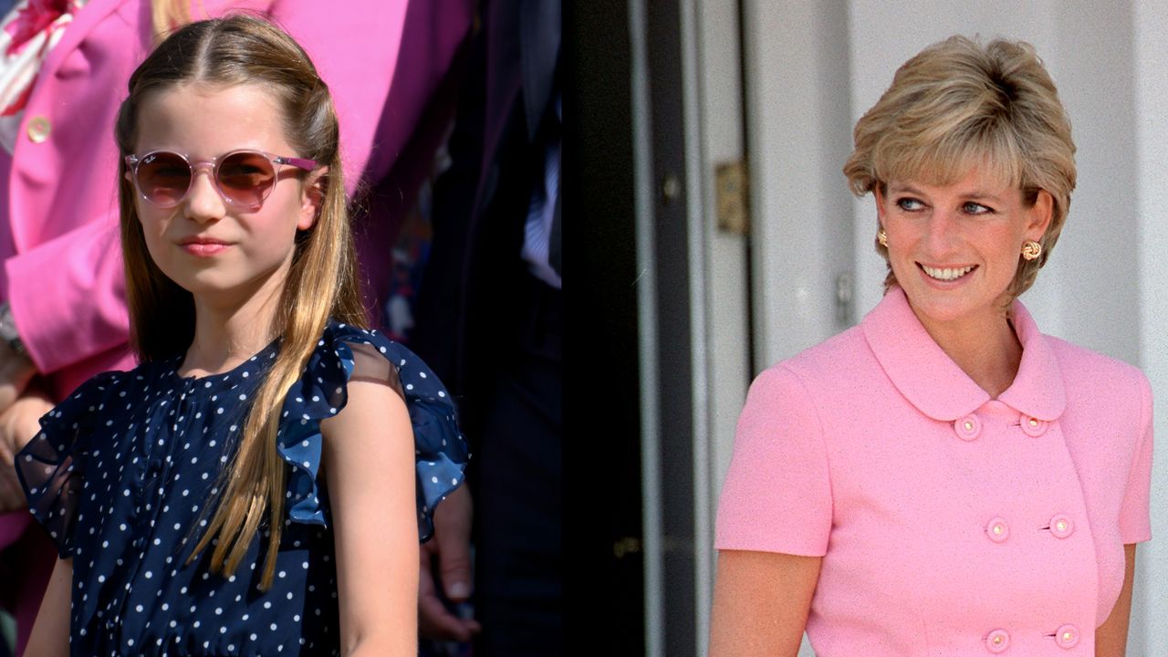 Princess Charlotte standing up wearing a blue polka dot short sleeve dress and pink sunglasses on a sunny day at Wimbledon next to a picture of Princess Diana in a pink button-up top smiling in front of a doorway