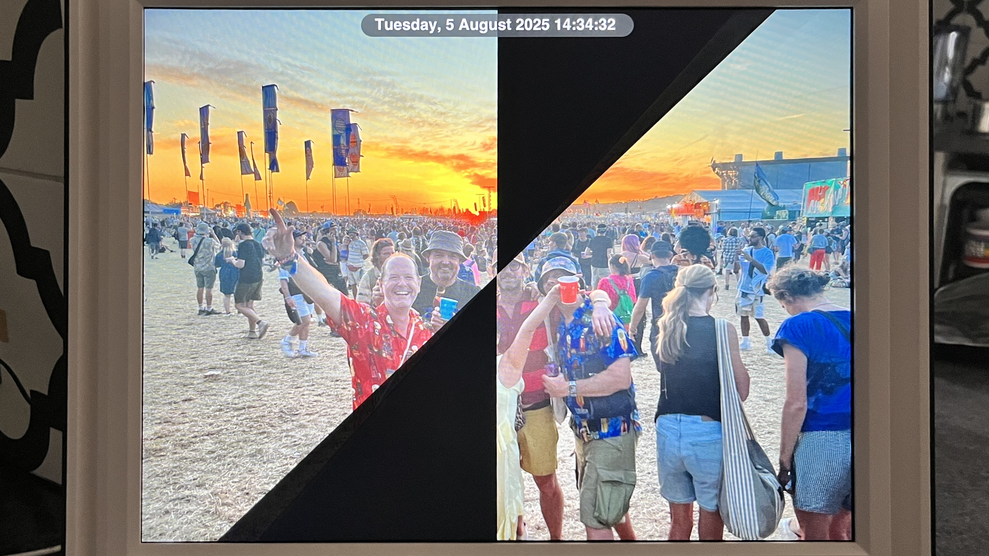 Pix-Star Lux 17-inch digital photo frame with image transition to revelers at Glastonbury Festival at sunset