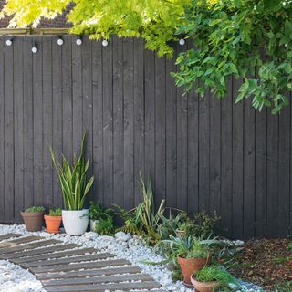 black garden fence against green trees with festoon lighting hung along it