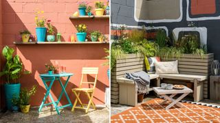 Garden images showing outdoor paints on a terracotta painted wall and outdoor living room idea with painted wall mural