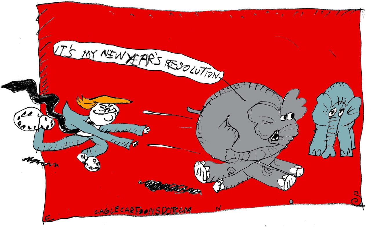 Political cartoon U.S. Trump GOP loyalty New Year resolutions