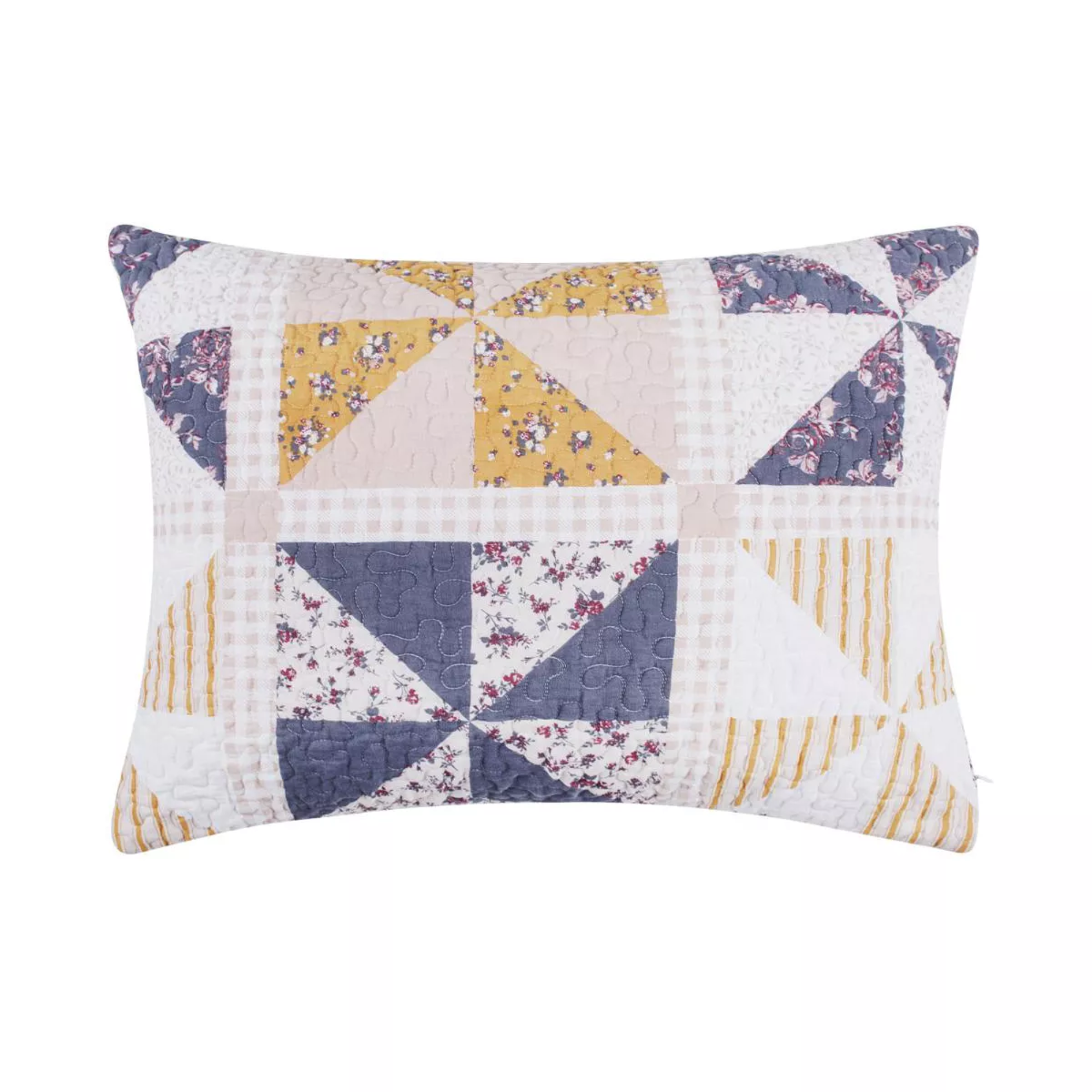 patchwork pillow with yellow, blue, pink, and white