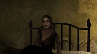 A startled woman sits up in bed, a handcuff dangling behind her