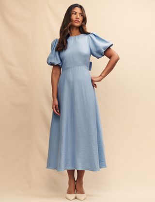 Blue Balloon Sleeve Zola Midi Dress