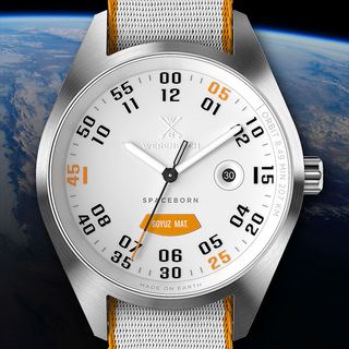 Werenbach's Mach 33 "Gravity" wristwatch features a plate of orange-color cladding from a Soyuz rocket engine, as well as an embedded chip linking the watch to live video of Earth from space.