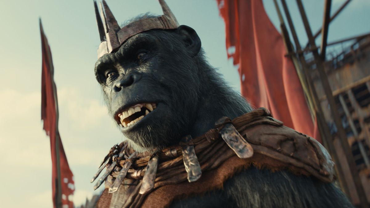 Proximus Caesar makes a speech in front of some wreckage in Kingdom of the Planet of the Apes.