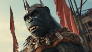 Proximus Caesar makes a speech in front of some wreckage in Kingdom of the Planet of the Apes.
