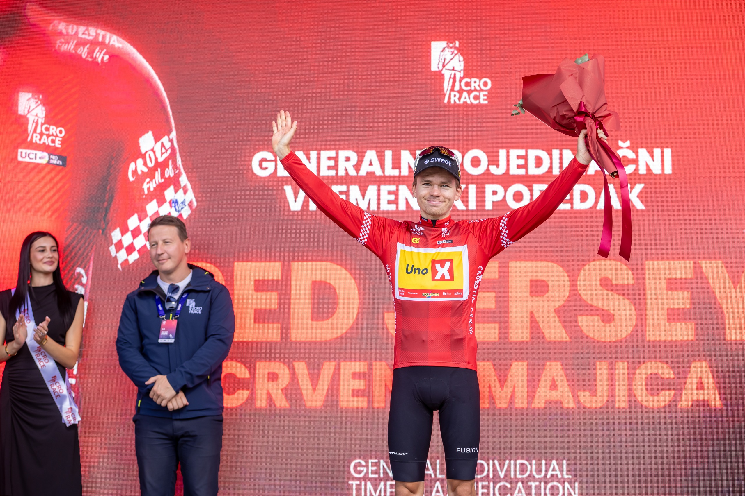 GC winner from the 2026 CRO Race Tobias Svarre on the podium after stage 5